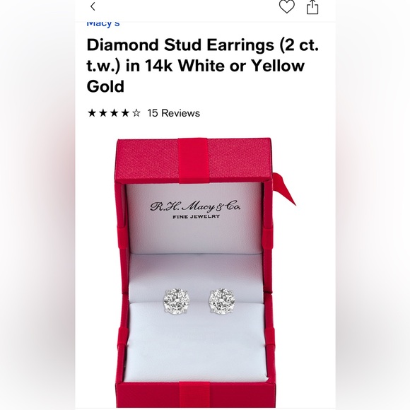 🤍SOLD🤍 Macy’s 2 CT TW Natural Diamond Studs set in 14K White Gold - Picture 1 of 5
